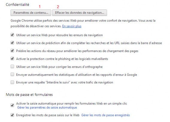 Chrome tuto 3 - Paramères de contenu et Effacer les données de naviguation