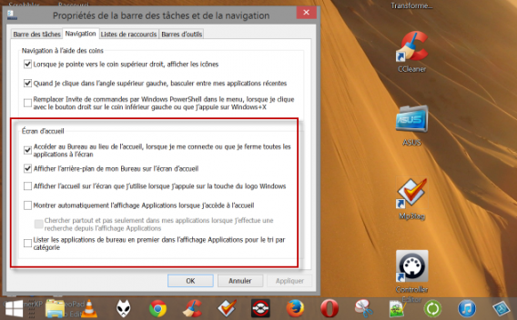 Ecran d'accueil options
