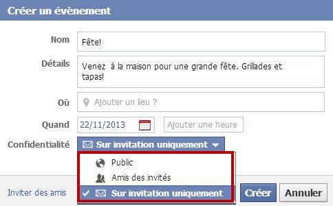 Créer des événements sur Facebook- Choisir les amis que vous voulez inviter
