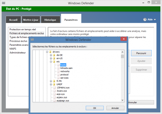 Windows Defender Exclure le fichier HOSTS