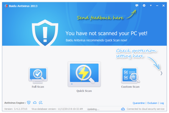 Ecran d'accueil de Baidu Antivirus
