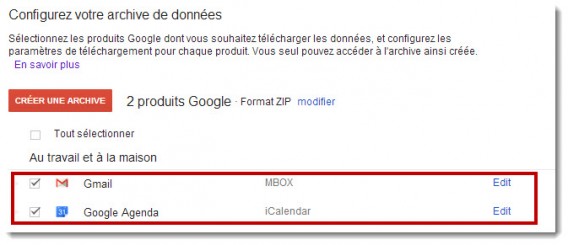 Exportation données GMail et Google Agenda