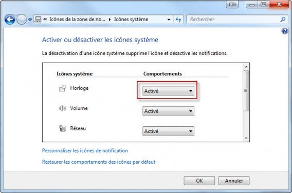 Windows Horloge activée