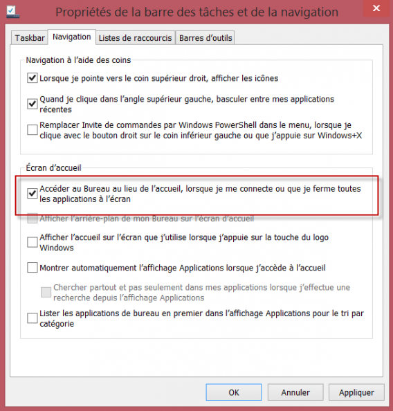 Propriétés de la barre des tâches et de la navigation