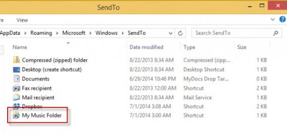 Menu SendTo My music folder