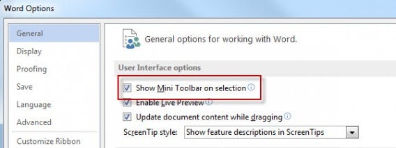 Mini toolbar Word Mini toolbar Word