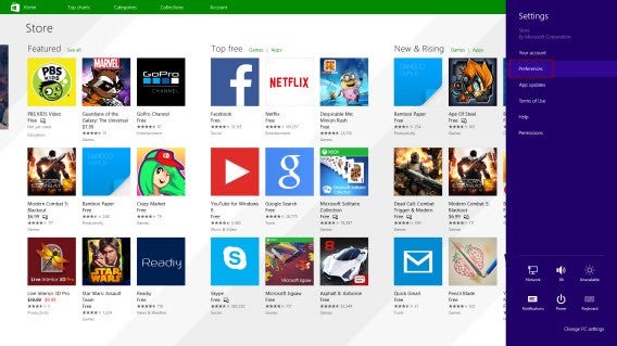 Windows Store - paramétrage des préférences