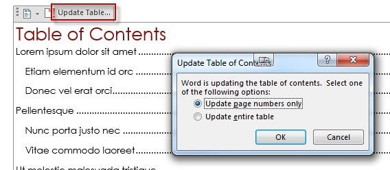 Update table of contents Word