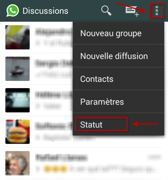 1-WhatsApp accéder au menu puis au statut