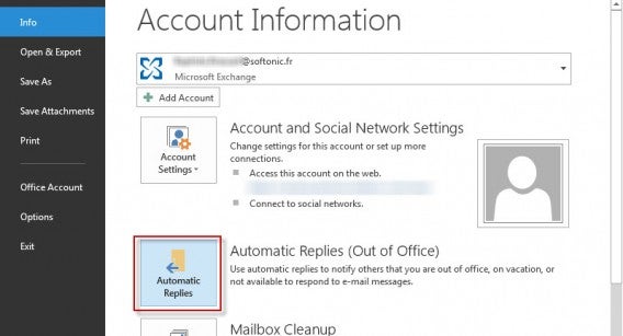 Outlook Automatic replies menu
