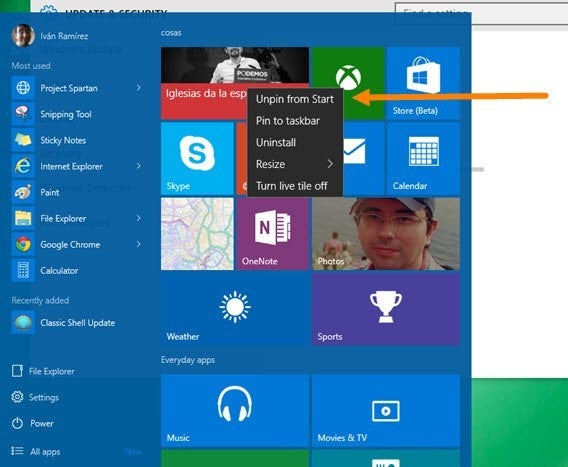 Supprimer les tuiles du menu démarrer