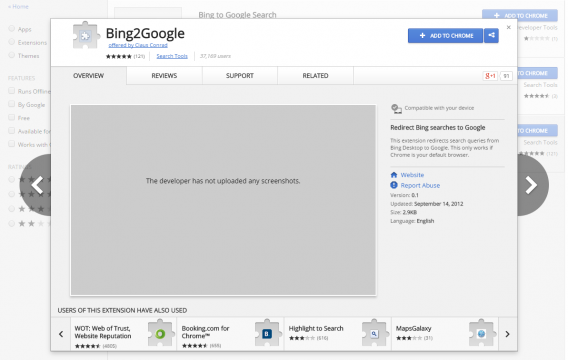 Bing2Google dans la boutique des extensions de Chrome