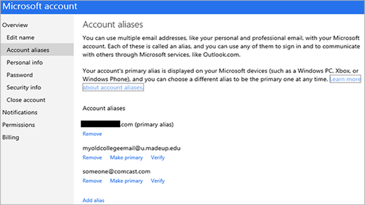 Outlook.com now lets you choose any alias as your primary account
