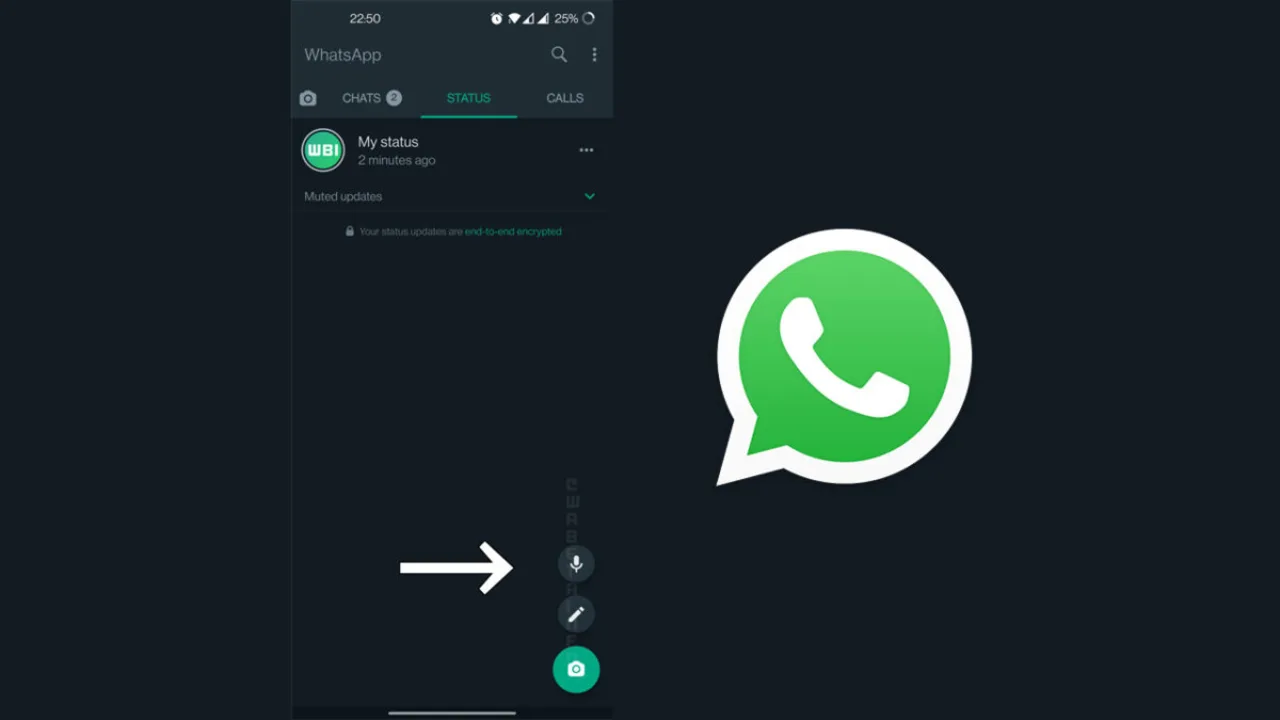  A screenshot of the WhatsApp status screen with the arrow pointing to the record button to record a video for WhatsApp status.