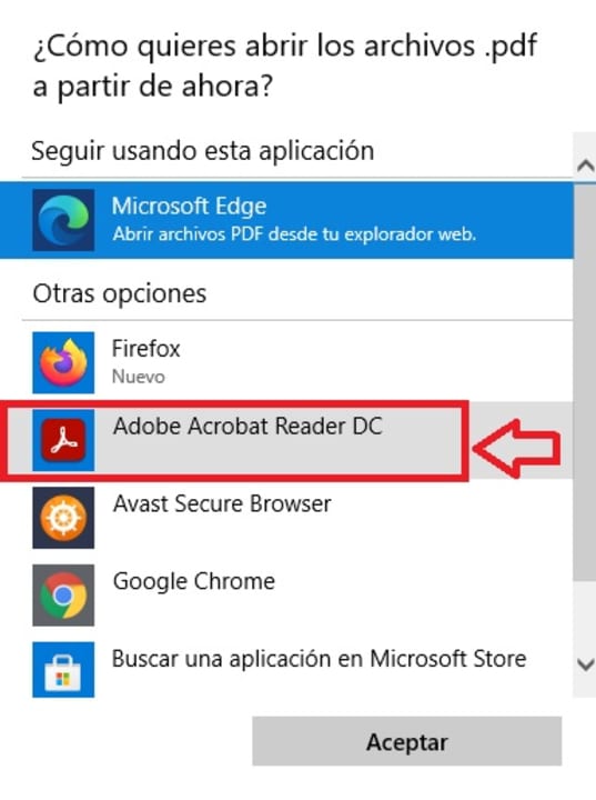 Selección de Adobe Acrobat Reader DC