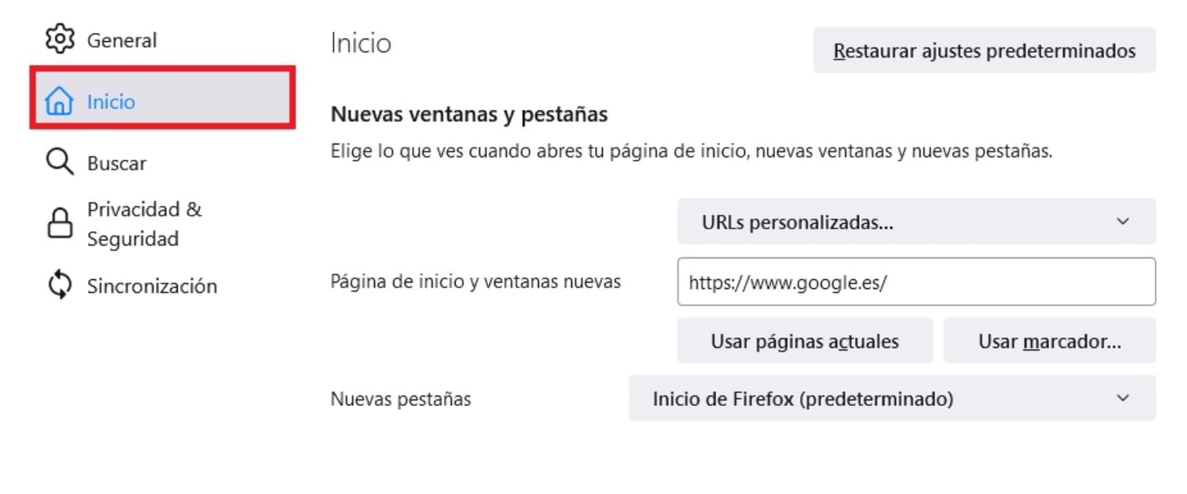Inicio de Firefox