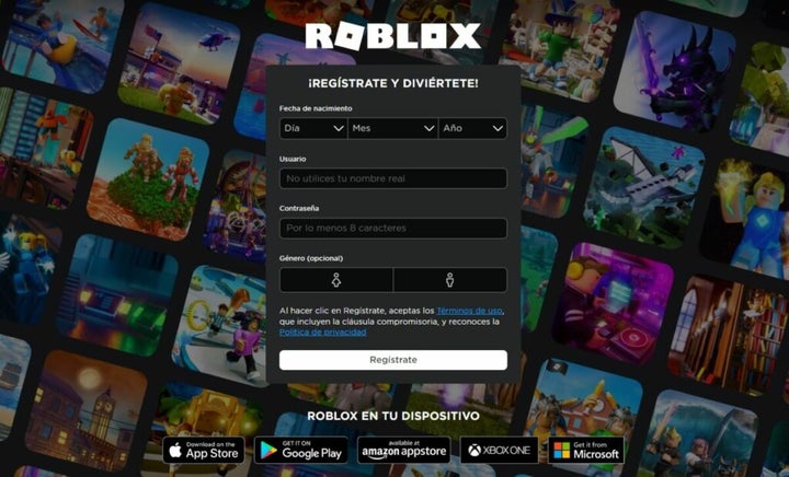 Página de registro en Roblox