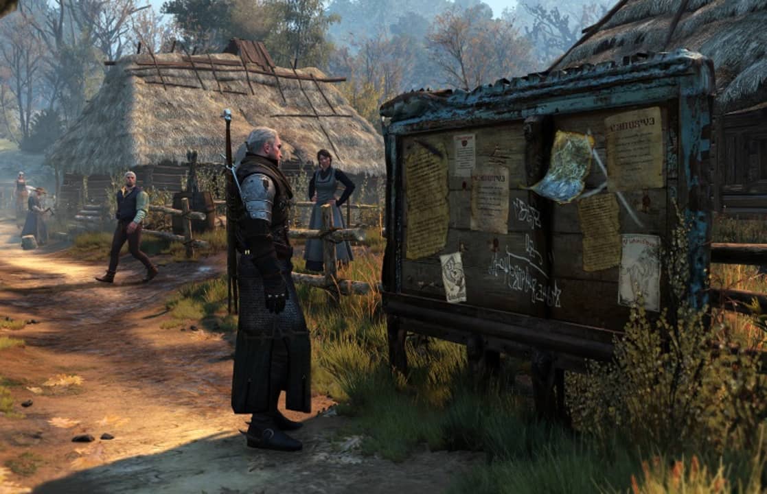 Geralt consultando el tablón de anuncios de Huerto Blanco