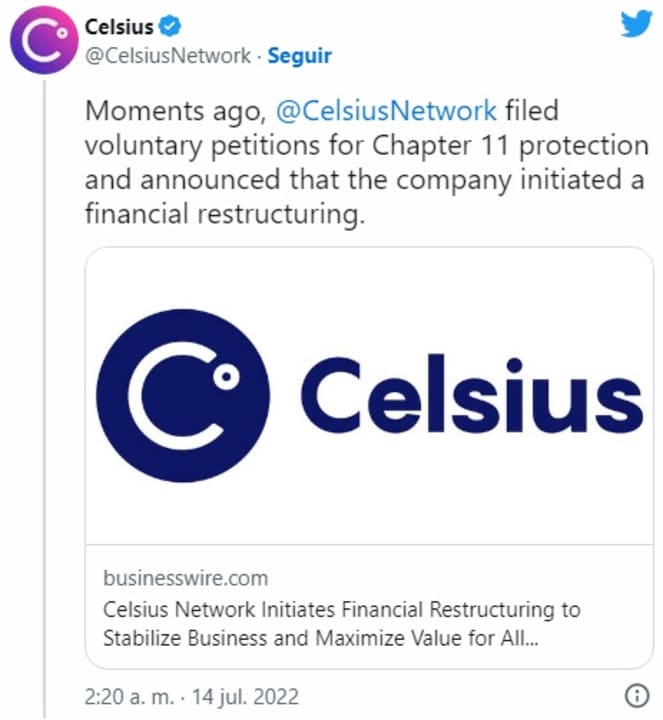 Celsius se declara en bancarrota
