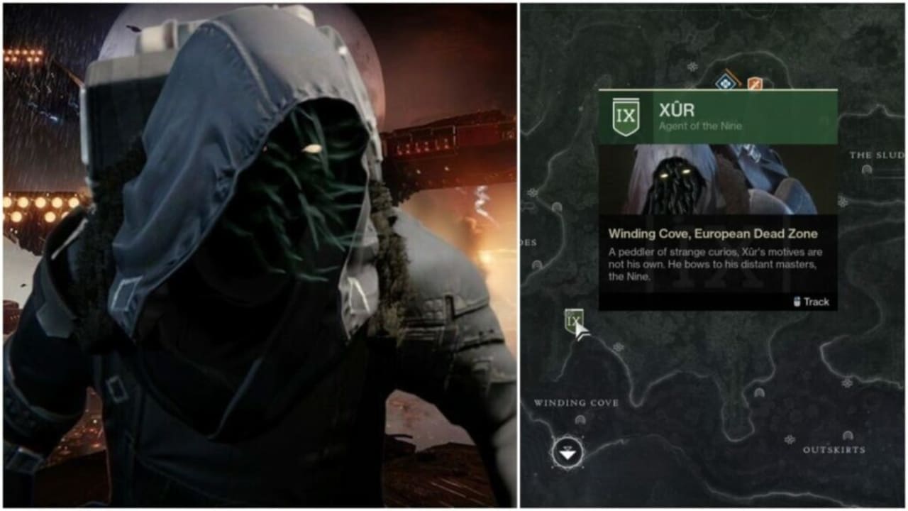 image of Xur next to a Destiny 2 map showing his location in the Winding Cove on Earth