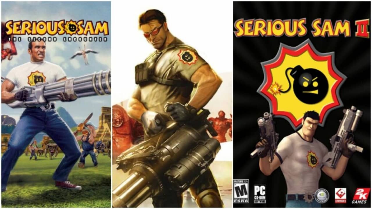 collage of 3 Serious Sam game box arts portraying the main character with guns