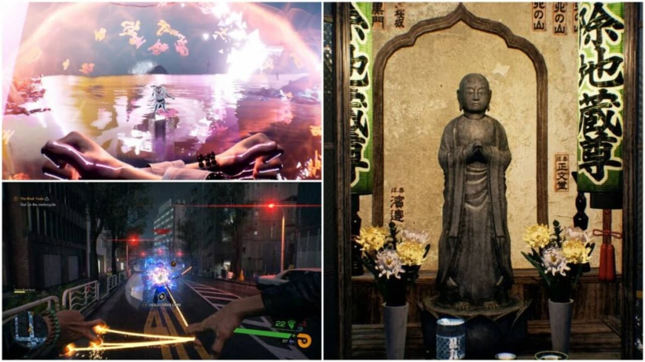 images from Ghostwire Tokyo including Jizo statue and combat gameplay