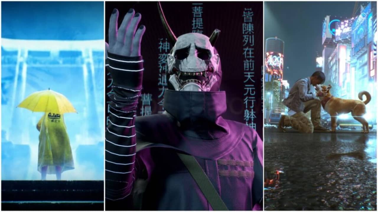 images for Ghostwire Tokyo including Hannya mask enemy and Akito with a dog
