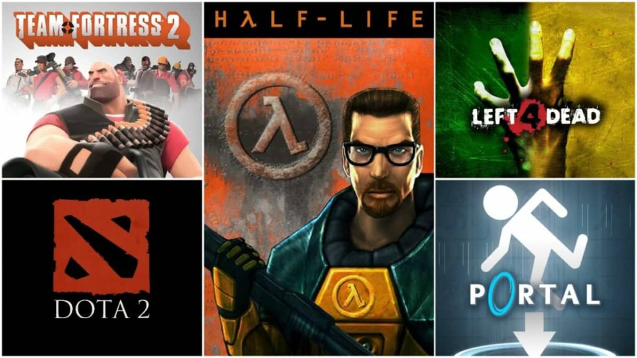 image of Valve videogames TF2, Half-Life, Portal, Left 4 Dead, and Dota 2 logos