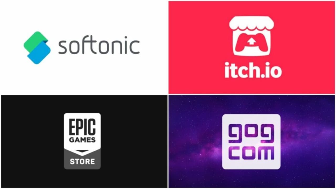 logos of Steam rivals Itch.io, Epic Games, GOG, and Softonic