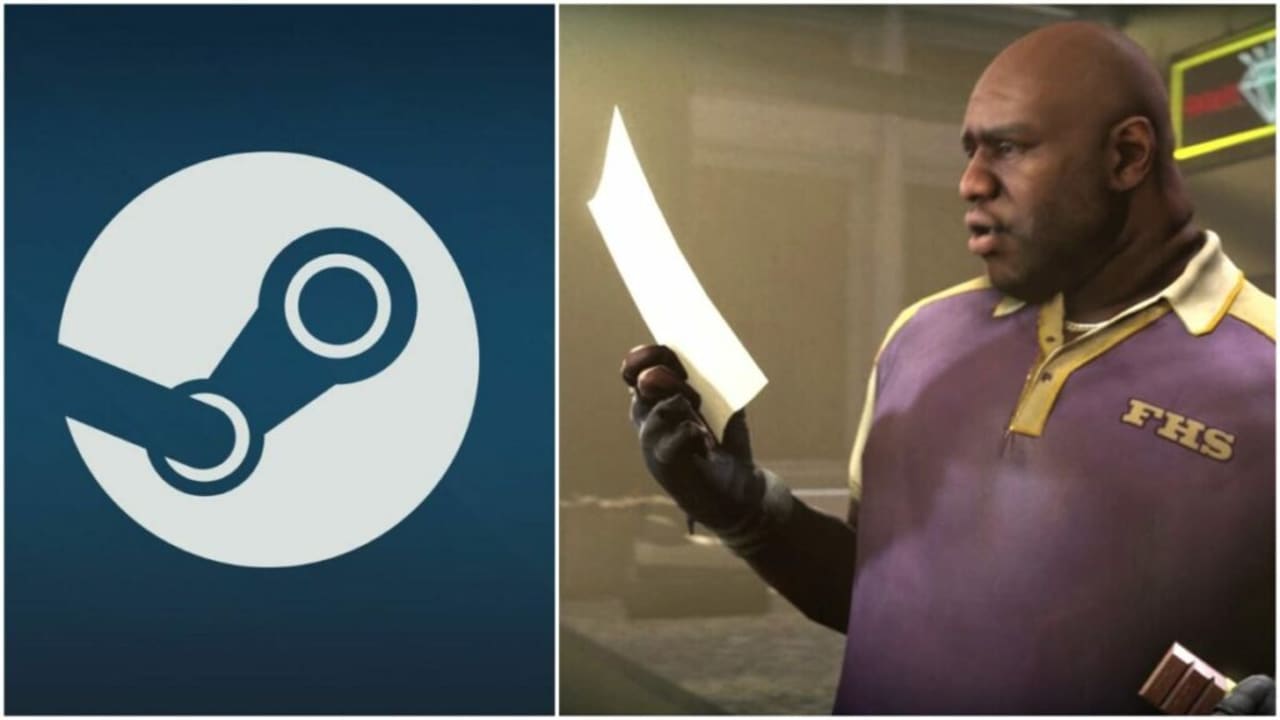 Steam logo next to Coach from Left 4 Dead looking suspiciously at a paper