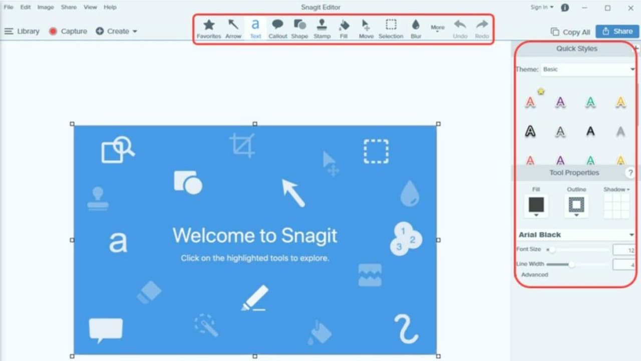 Access all your files from Snagit's enhanced editing tool.
