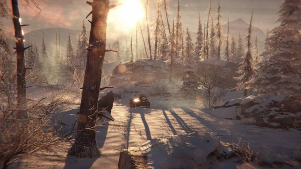 image of Kate Walker riding through snowscape on a motorcycle in Syberia: The World Before