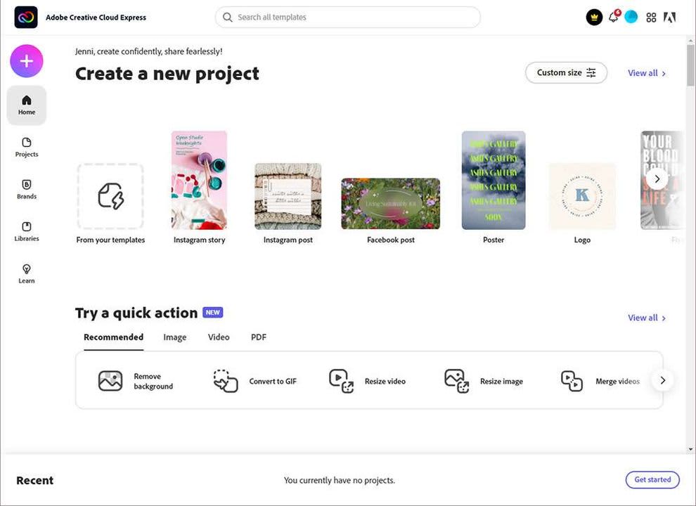 In Creative Cloud Express, open a new project in the dashboard and select from two Instagram templates