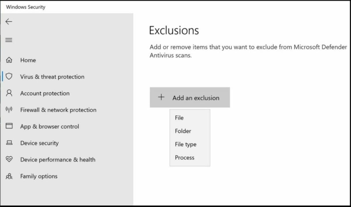 Add an exclusion in Windows Defender.