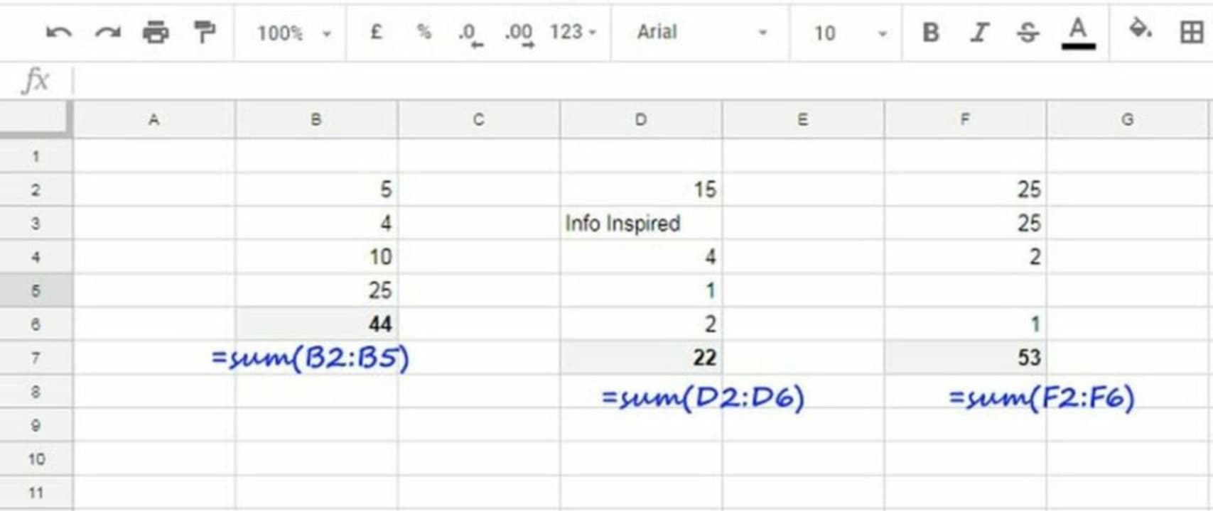 Fine total values of selected cells with the SUM function