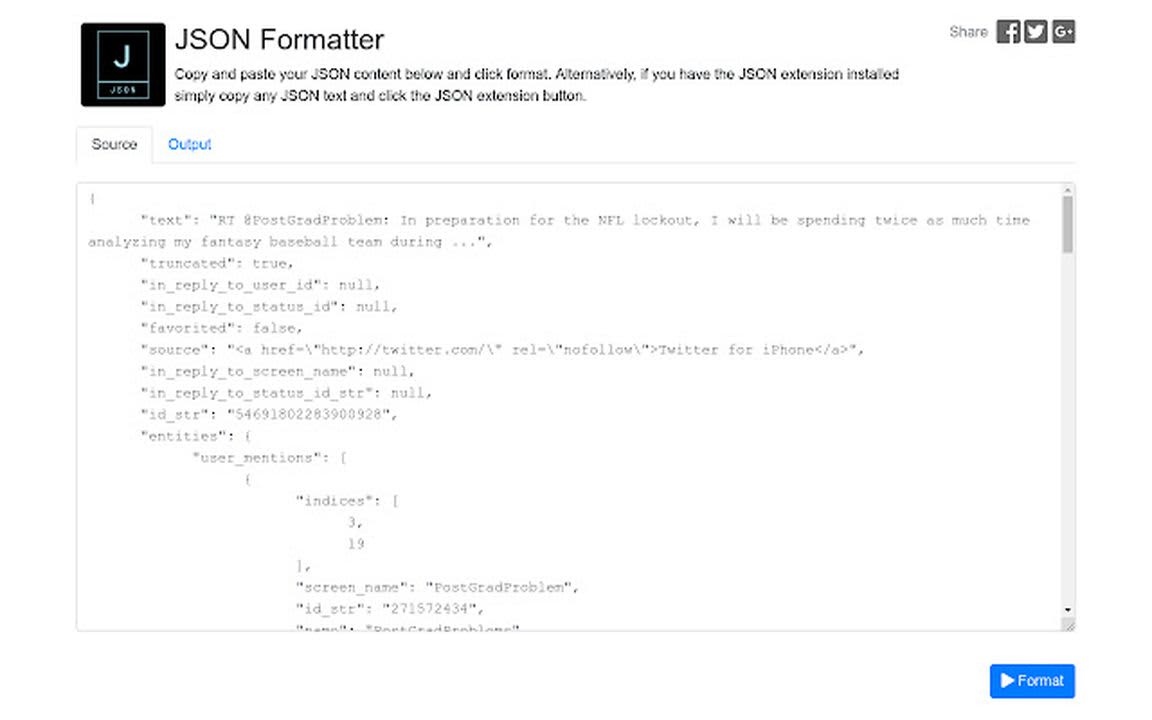Test the JSON Formatter app after entering your source code in the text field