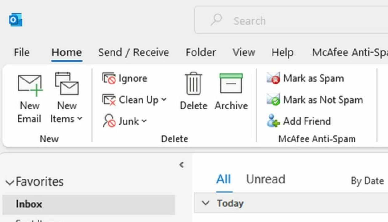 Home task bar in Microsoft Outlook.