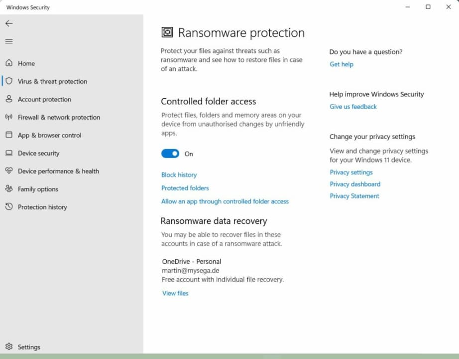 microsoft defender ransomware protection turned on