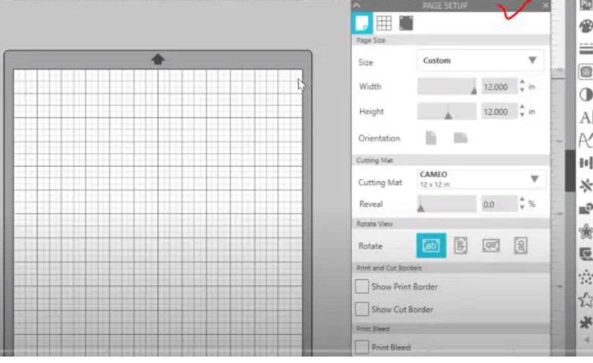 The page setup tab allows you to adjust dimensions of the mat