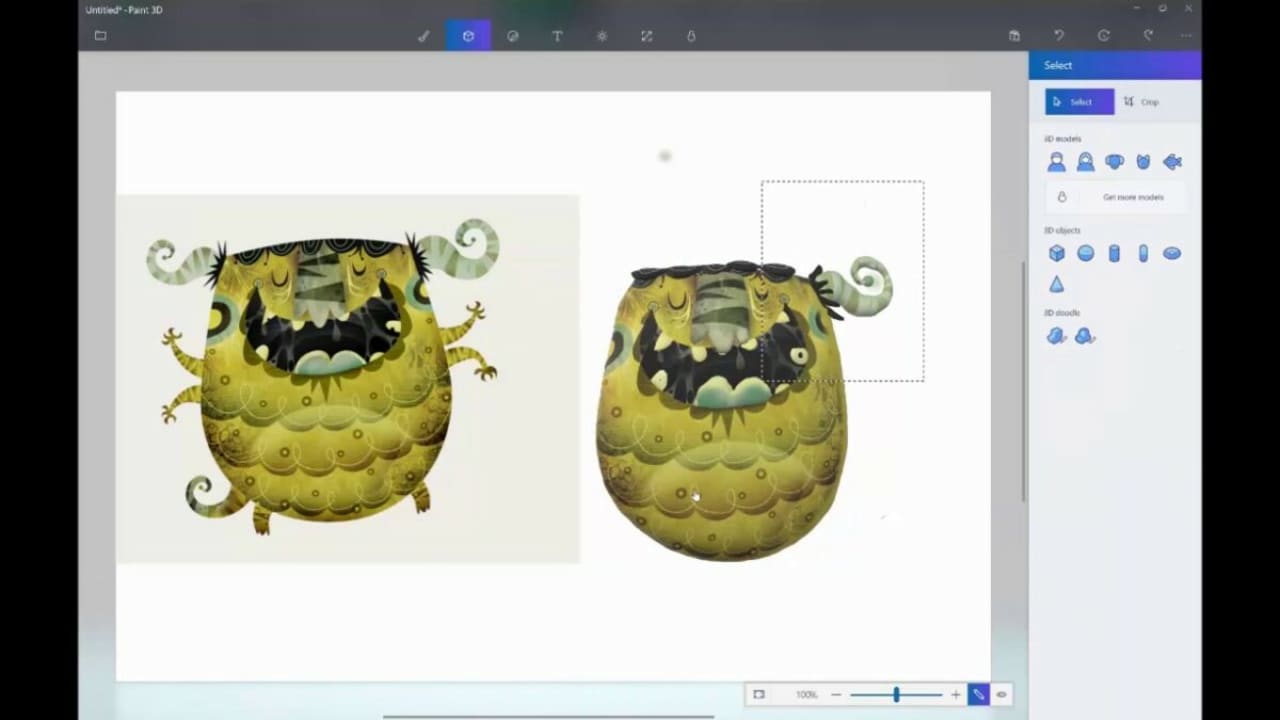 Locate the 3D Object feature in Paint 3D to render your two dimensional image into a 3D shape