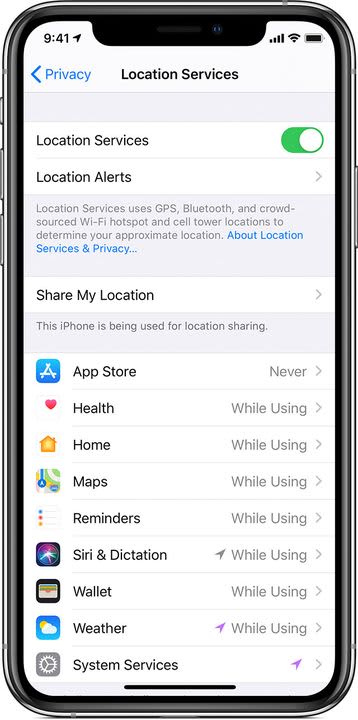 The Location Services menu in iOS