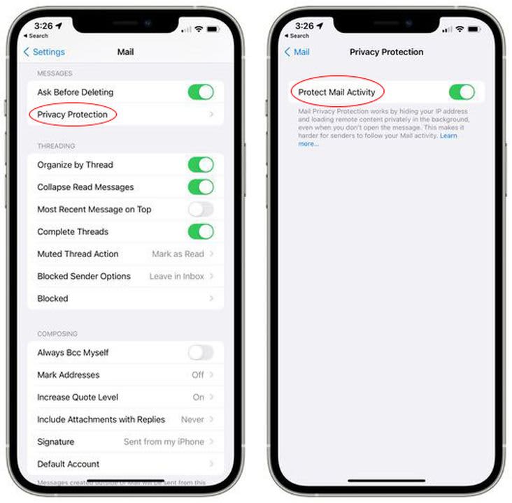 The Mail Privacy Protection menu in iOS