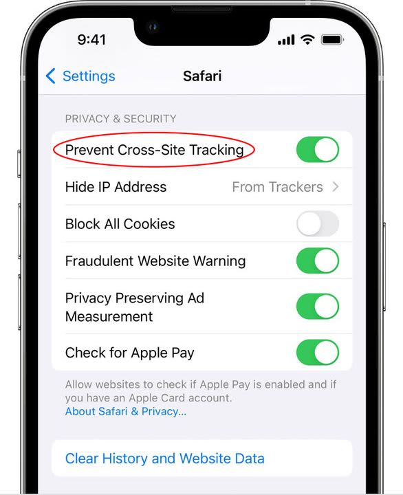 Prevent Cross-Site Tracking in the Safari menu in iOS