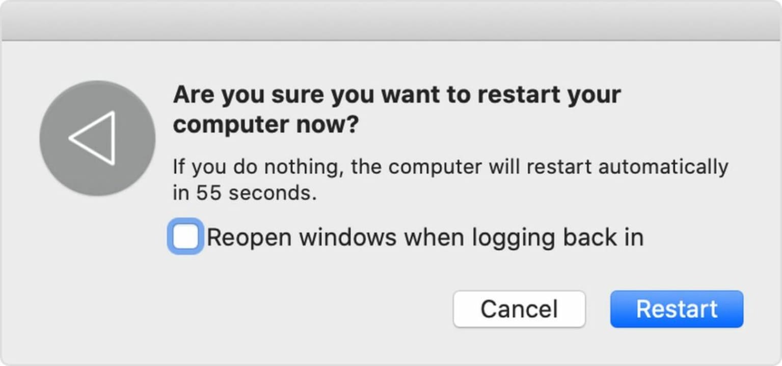 A Mac screen asks the user to confirm a restart