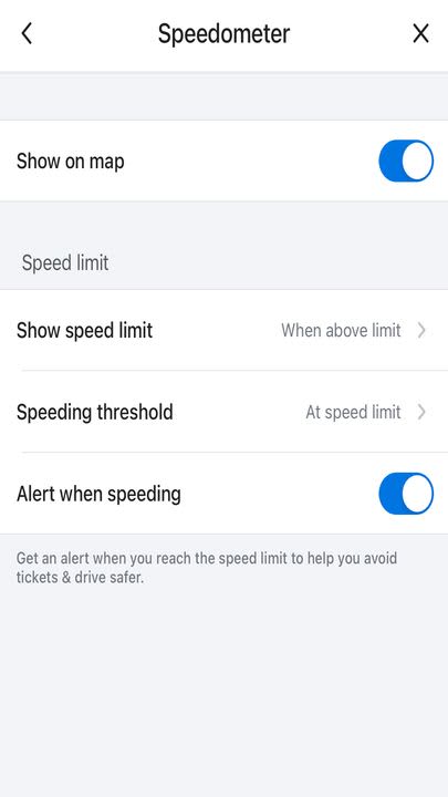 The Speedometer settings menu in Waze.