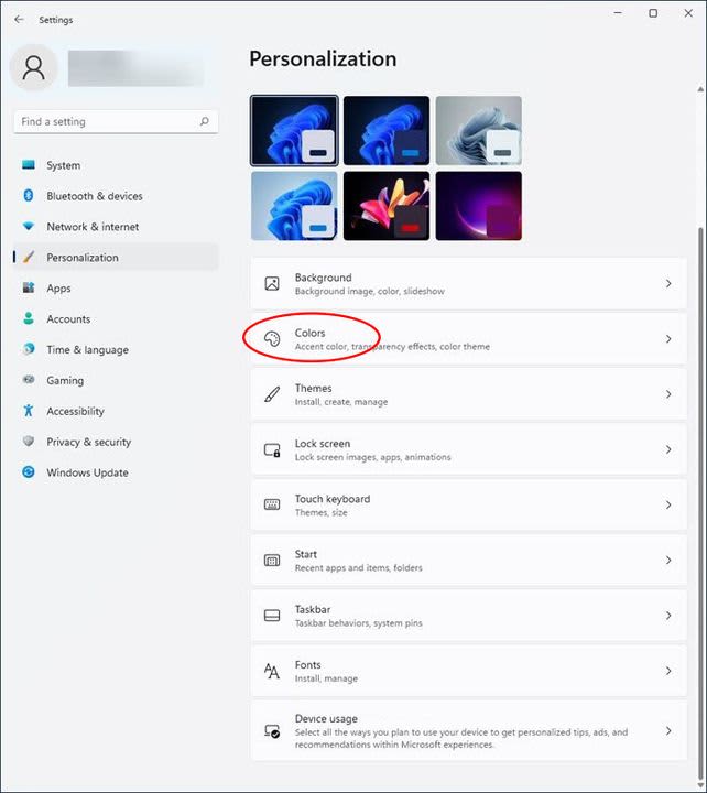 The Personalization menu in Windows 11