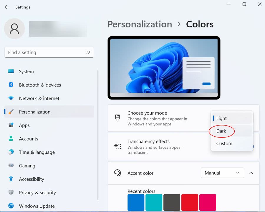 The Colors menu in Windows 11