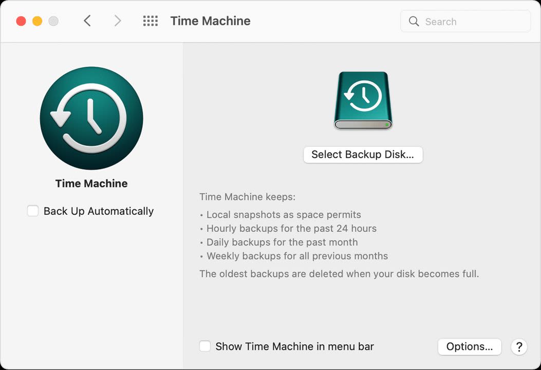 Mac's Time Machine feature displays backup options