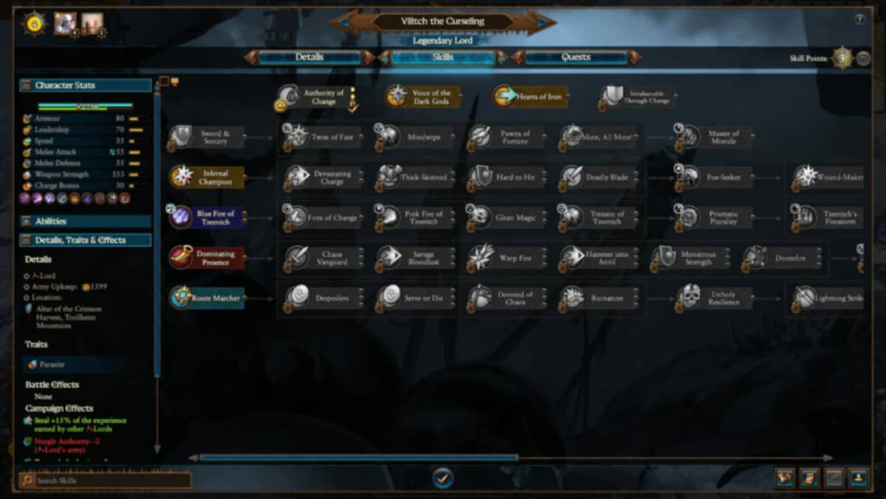 image of skill tree UI in Total War: Warhammer III Champions of Chaos DLC